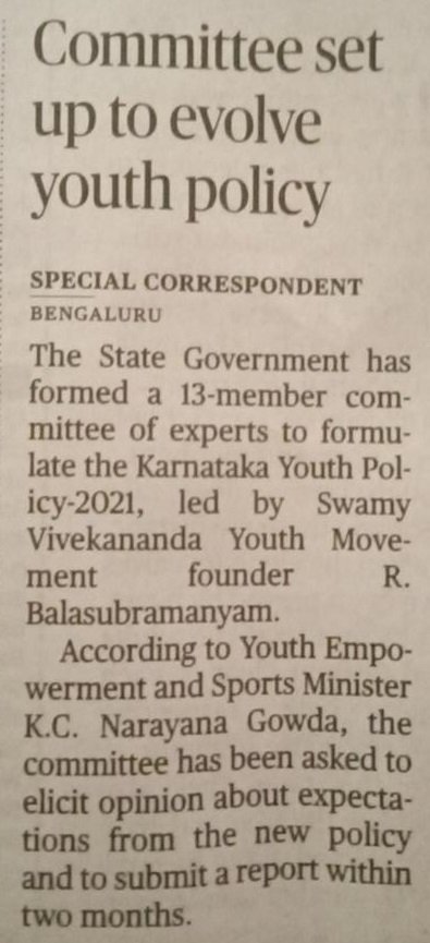 Dr Balu will Head the Committee on Karnataka Youth Policy-2021 