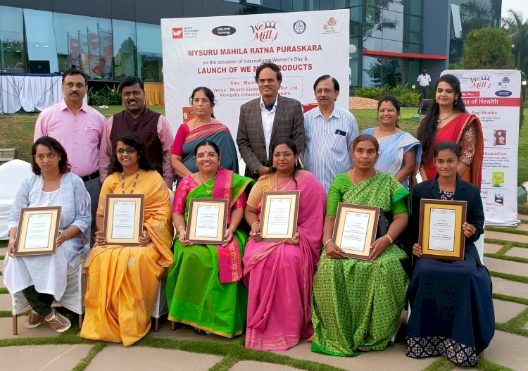 Title: The women-power of Mysuru and ‘Mysuru Mahila Ratna Puraskara’ awardees launched ‘We Mill’ products to commemorate International Women’s Day 